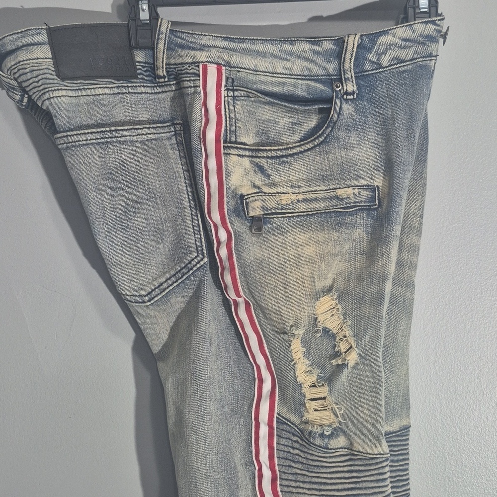 Rue21 Premium Blue Biker Denim Moto Jeans Skinny Supreme Flex Men's Size 34X32 - Picture 6 of 9